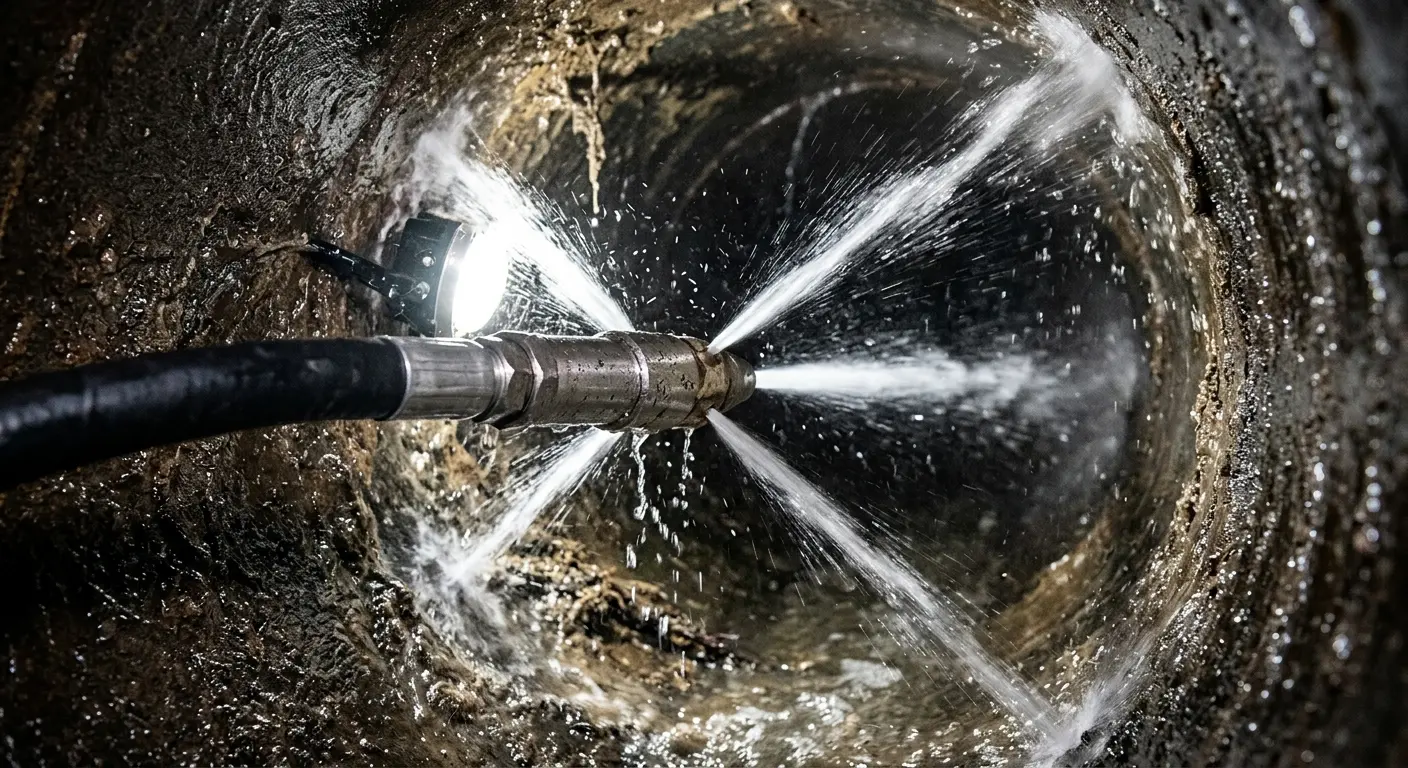 High-pressure hydro jetting nozzle cleaning sewer pipe for Trenchless Sewer Repair in Lehighton